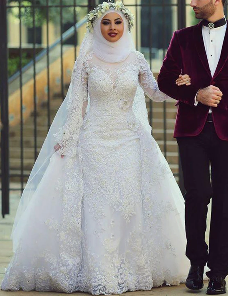 2019 White Arab Muslim Wedding Dresses