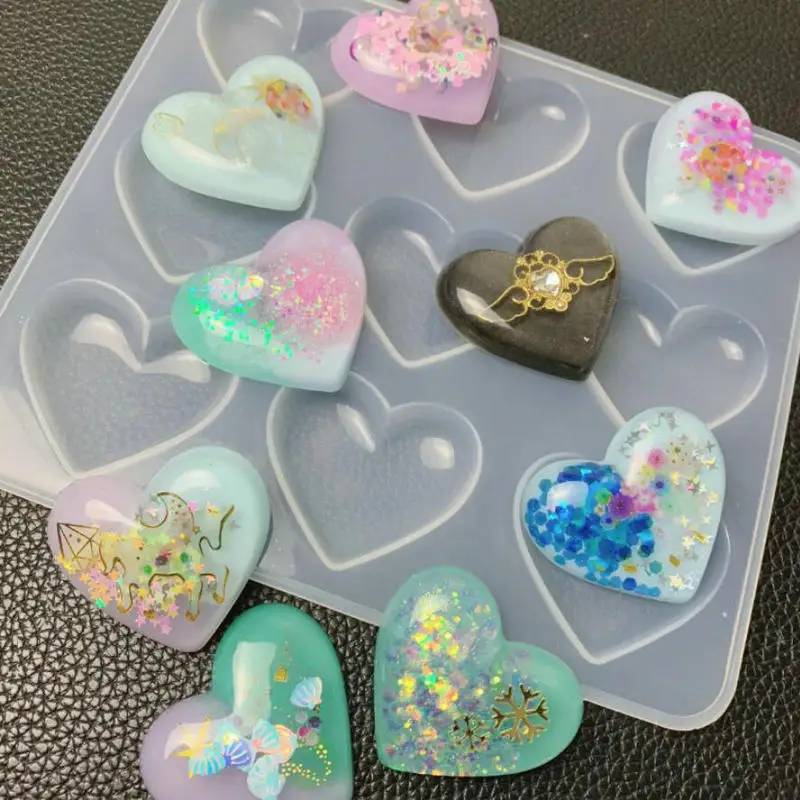 9-Cavity Clear Shiny Heart Silicone Mold DIY Resin Puffy Heart Charms Pink Molds Baking Tool Epoxy Jewelry Cabochons Making