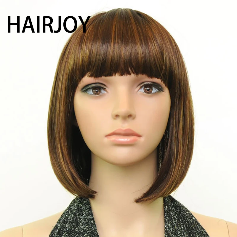 Hairjoy Women Synthetic Hair Wig Full Bangs Brown Blended Short