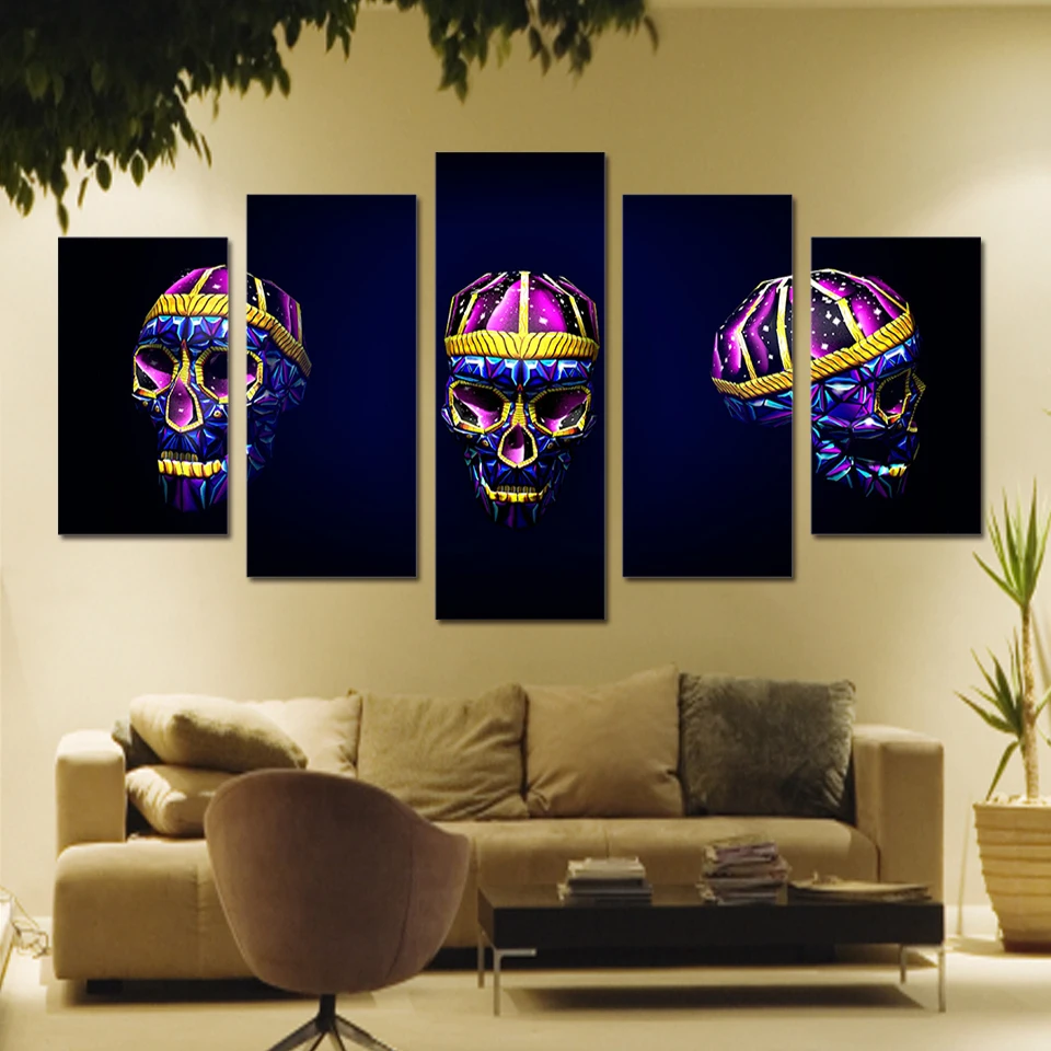 Abstract 5 Piece 3 Art Bright Skull Oil Paintings HD Printed Canvas