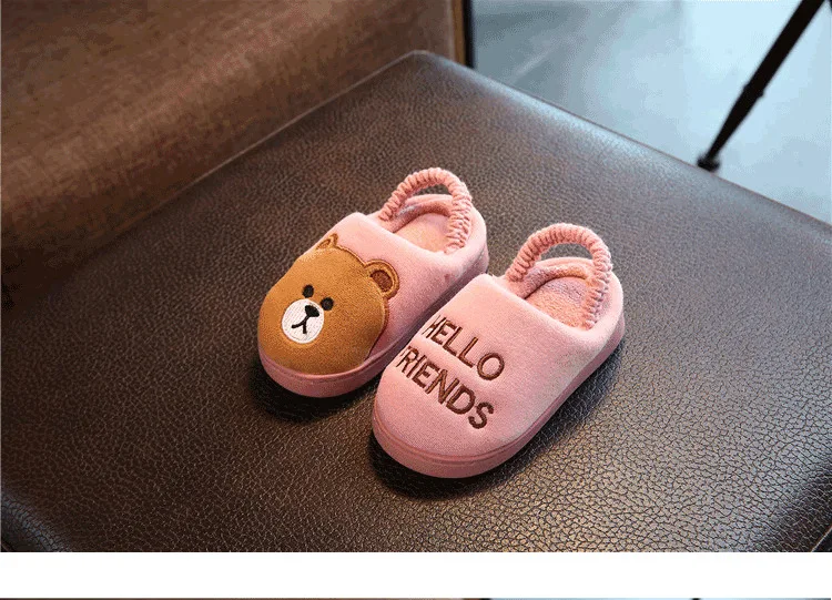 Зимние детские тапочки для мальчиков и девочек; домашняя хлопковая обувь с рисунком медведя; теплые домашние тапочки для малышей; детская обувь в полоску