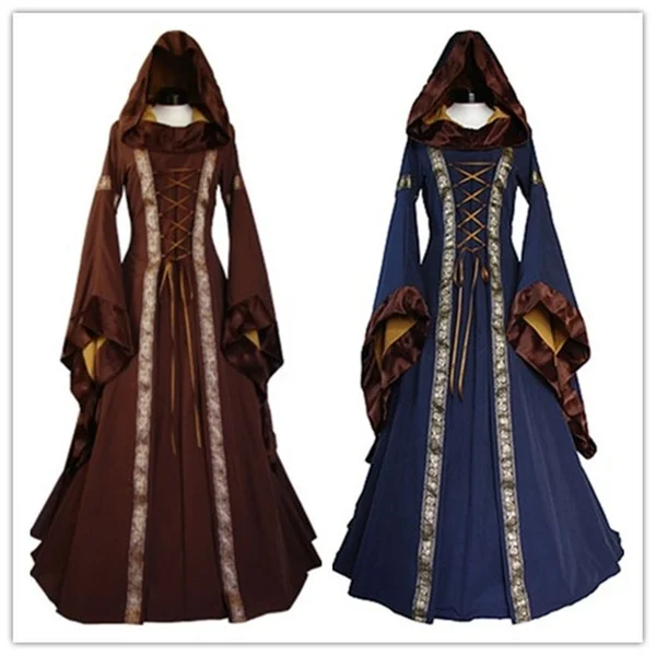 (S-2XL) Vintage Style Gothic Dress Floor Length Women Gothic Maxi Dress Halloween Cosplay Dresses Retro Long Medieval Dress
