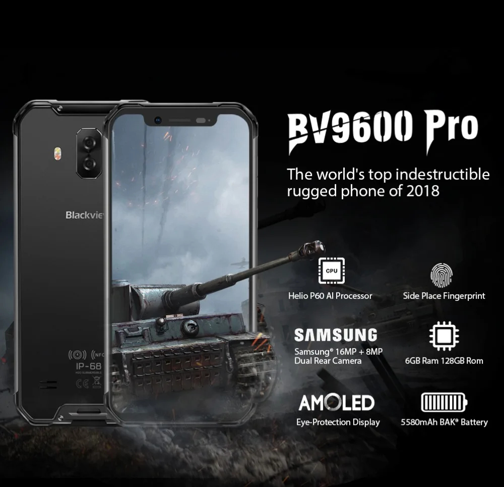 Blackview BV9600 Pro мобильный телефон P70 6 ГБ+ 128 Гб IP68 Android 9,0 NFC водонепроницаемый Helio 6,2" 19:9 FHD AMOLED 5580 мАч смартфон