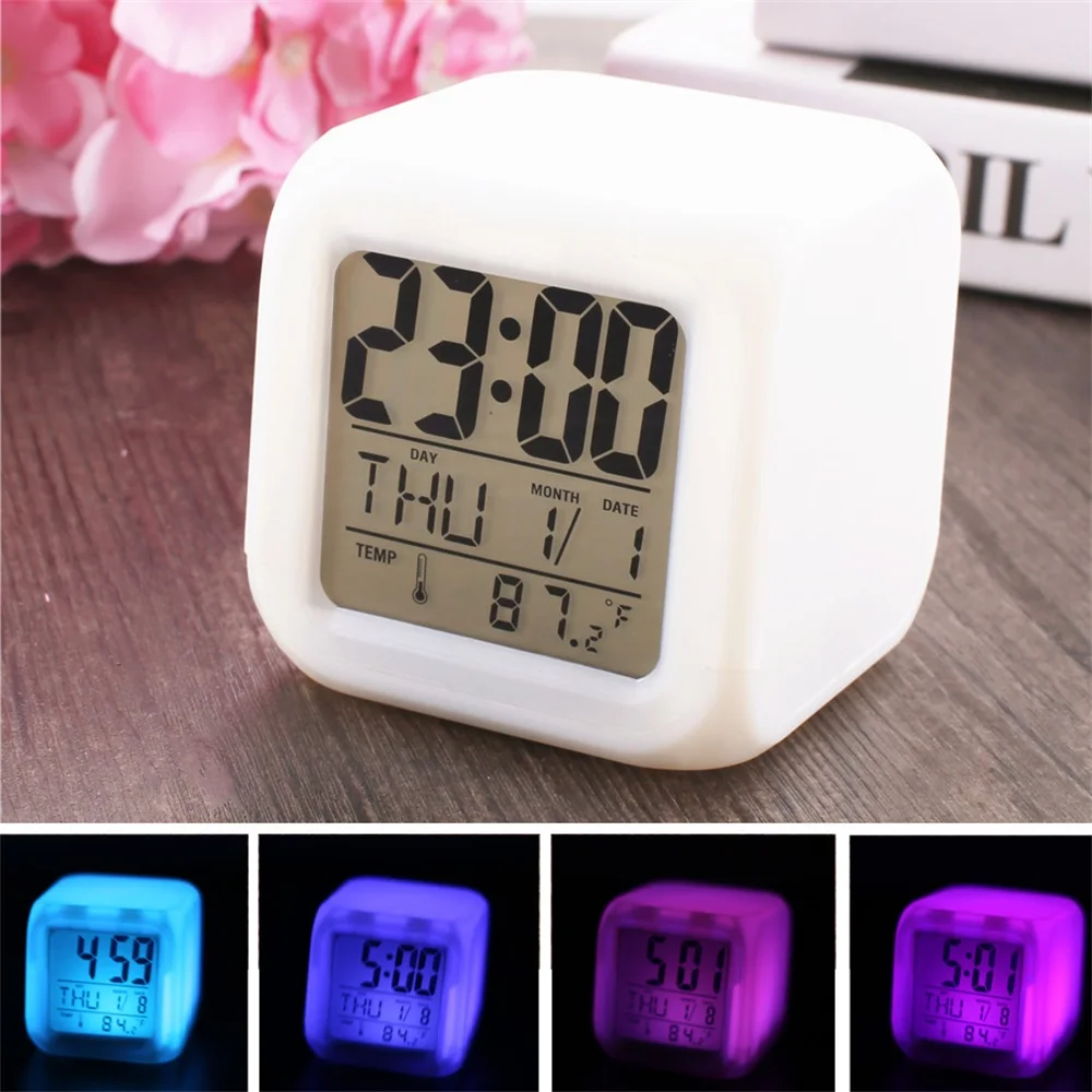 Cube LED Alarm Clock Digital Desktop Clock 7 Colors Changing Night