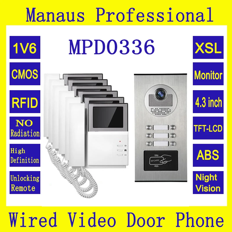 Multi Apartments Building Intercom System Video Door Phone Support RFID Card Unlock with Six 4.3 \ Indoor TFT-LCD Monitors D0336