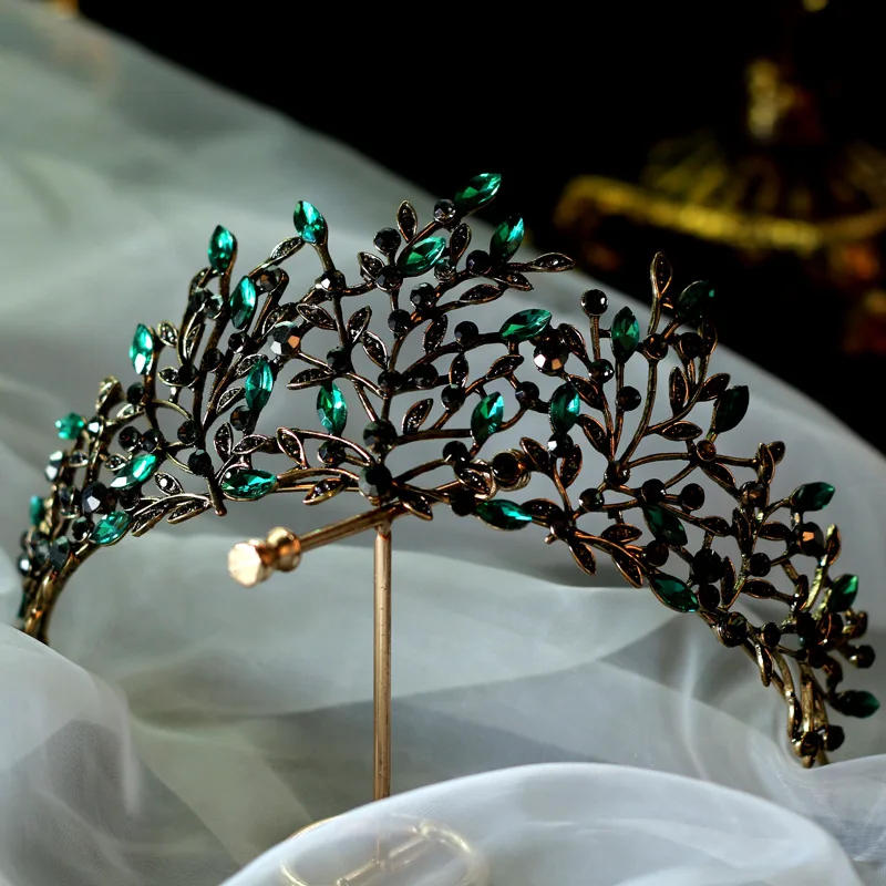  Luxury Baroque Black Green Crystal Leaf Bridal Crown Tiaras Rhinestone Crowns Infantis Brides Headb