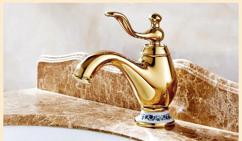 

Europe type copper faucet gold finish hot and cold blue and white porcelain basin faucet bathroom basin tap