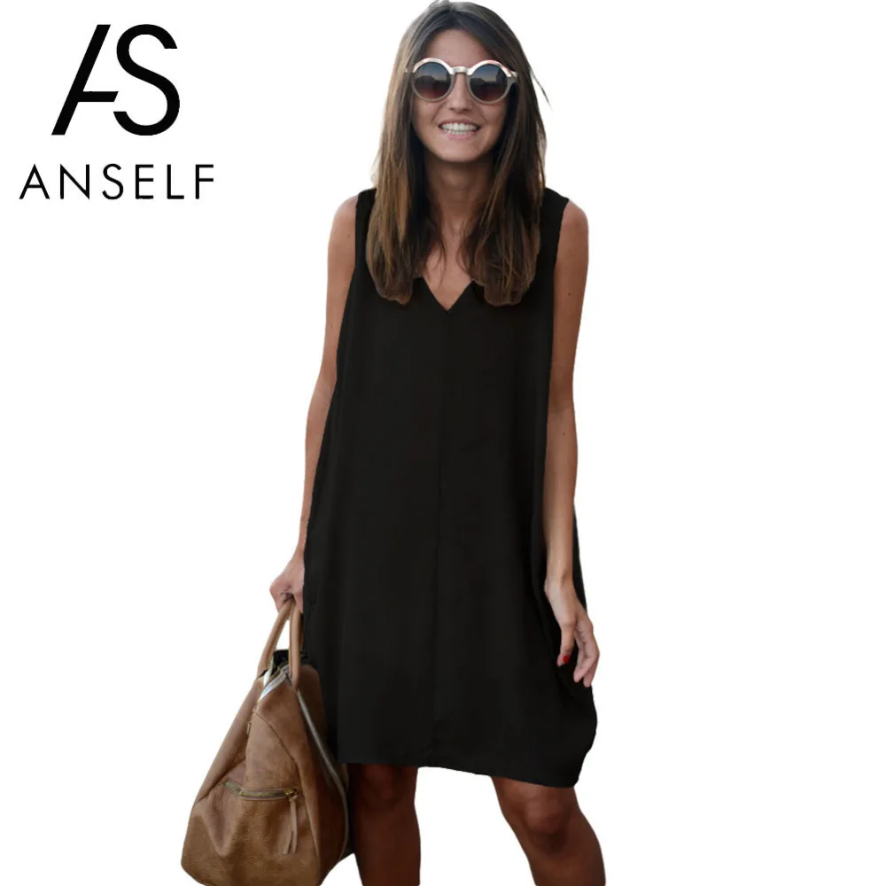 

Anself Summer Dress Female 2019 New Fashion V Neck Casual Sleeveless Beach Dress Tank Party Dresses for Women Big Sizes Vestidos