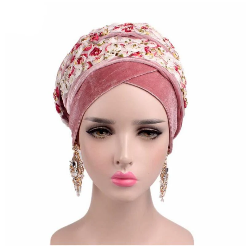Новые женские роскошные бархатные тюрбан шляпы Многофункциональный головной убор 3D розовый тюрбан с цветком удлиненный трубчатый головной убор шарф Тюрбан