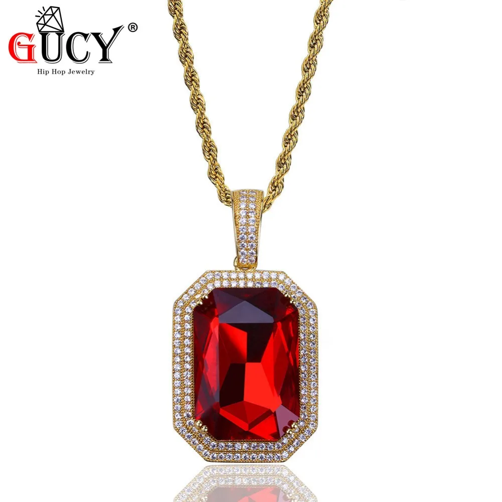 

GUCY Hip Hop Pendant Necklace Gold Color Plated All Iced Out Micro Pave CZ Stones Big Red Crystal Pendant Necklaces Gift For Men