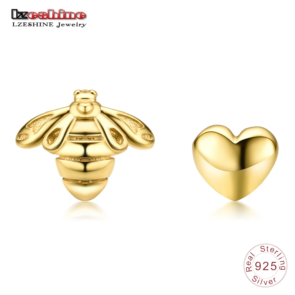 

LZESHINE S925 Silver Heart & Bee Stud Earrings Gold Color Brand Cute Animal Earrings For Women Party Jewelry Accessories Gift