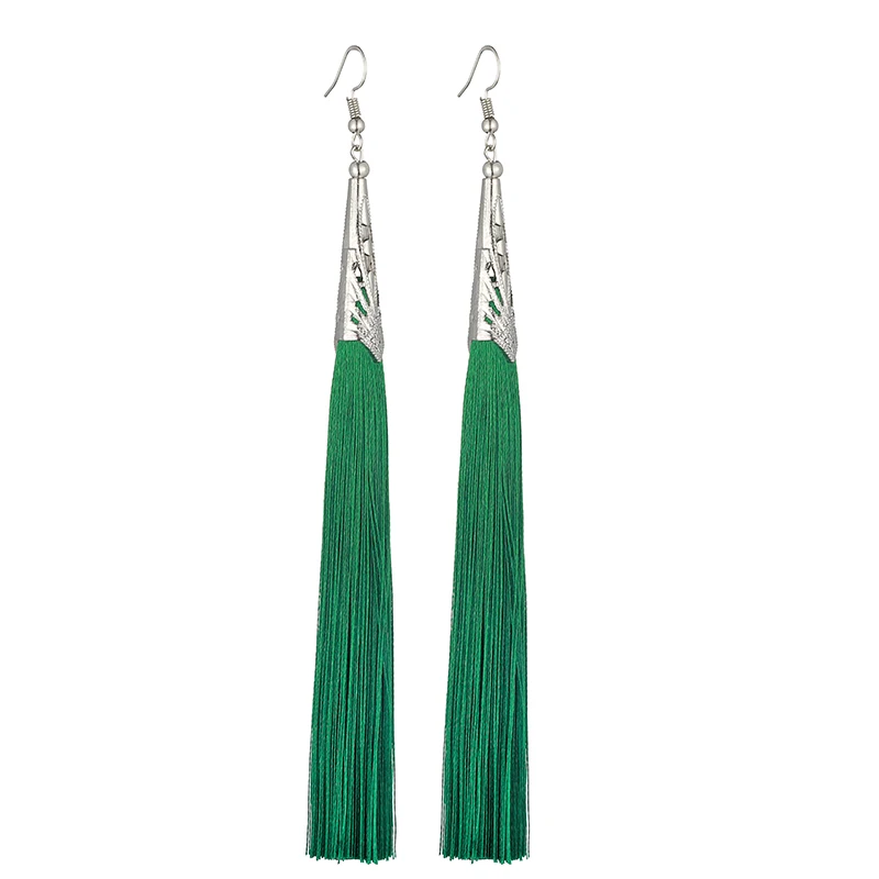 LOVBEAFAS Long Tassel Earrings For Women Fashion Jewelry Boho Drop Fringe Vintage Statement Bohemian Earrings Pendientes - Окраска металла: Grass Green