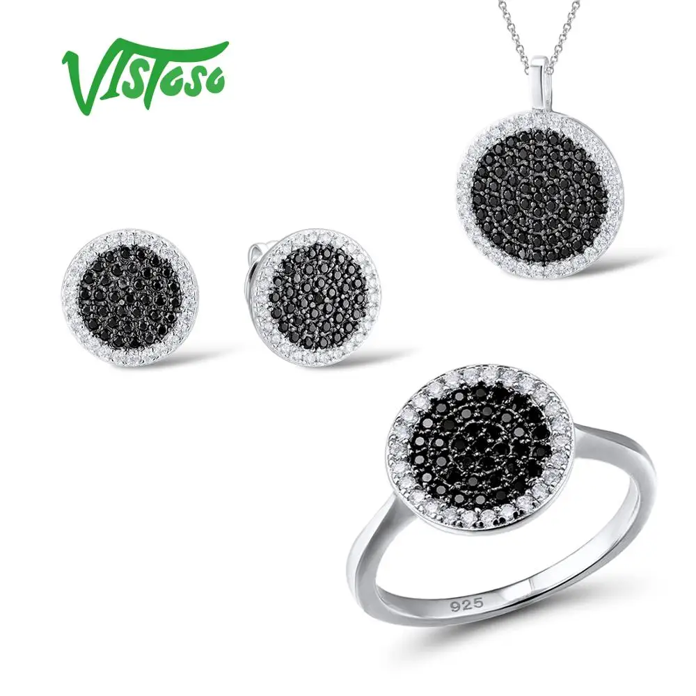 

VISTOSO Jewelry Sets For Woman Black spinels Stones Jewelry Set Earrings Pendant Ring 925 Sterling Silver Fashion Fine Jewelry