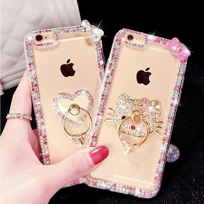 

XINGDUO Bling Diamond Ring Transparent Soft TPU Case Cover for iPhone 8 7 6S Plus 5 5S SE 3D Cat Heart Luxury Phone Coque Shell