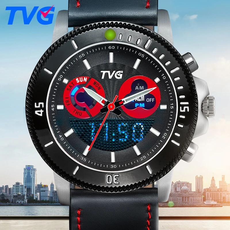 TVG 2017 мужские часы Лидирующий бренд роскошные кожаные кварцевые аналоговые