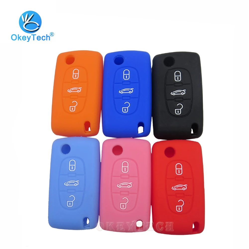 

OkeyTech 3 Button Flip Folding Car Key Case Silicone Cover Fob Rubber Skin Protect for PEUGEOT 407 307 308 607 for Citroen C4 C5