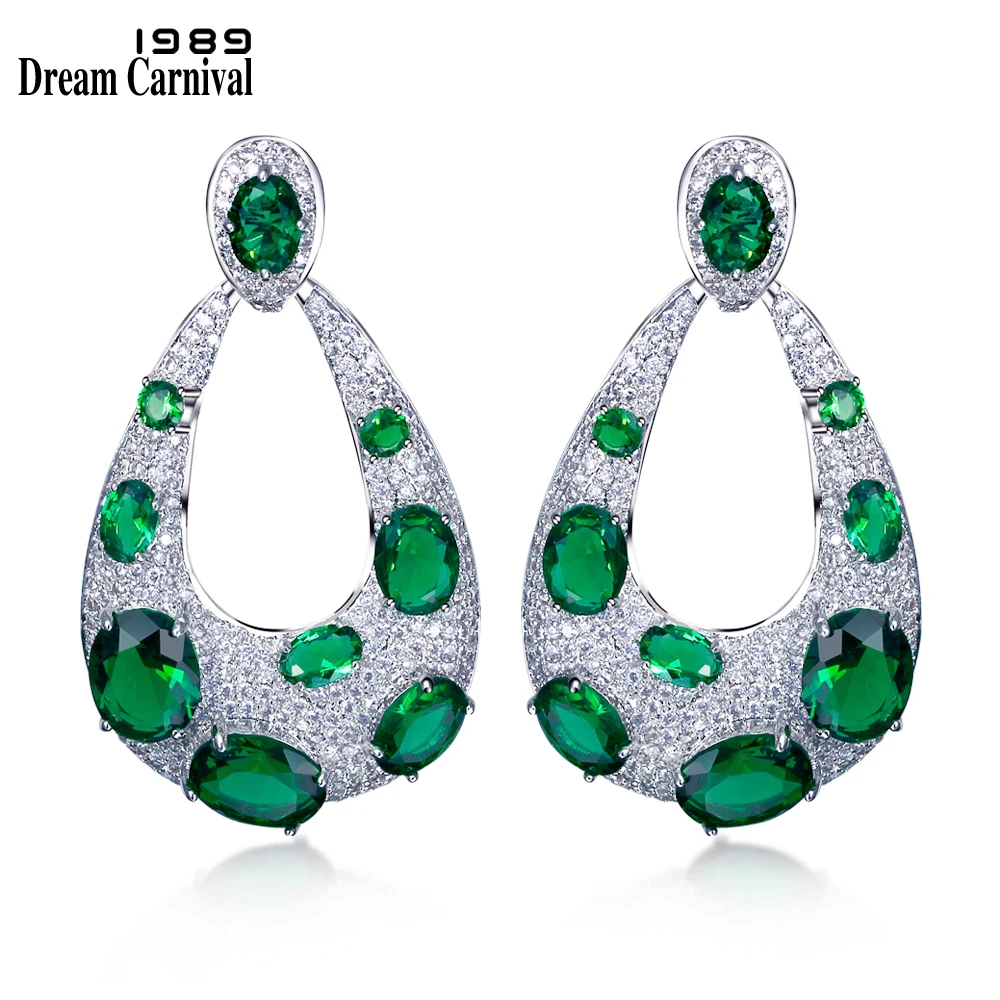 

DreamCarnival 1989 Grand Stylish Fashion Statement Jewelry Green Black White Color Zircon Luxury Bridal Wedding Earings SE11964R
