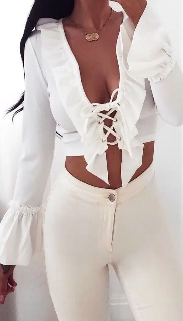 Сексуальные модные женские повседневные топы с длинным рукавом и оборками, блузка, сексуальная женская летняя рубашка с открытыми плечами - Цвет: Белый