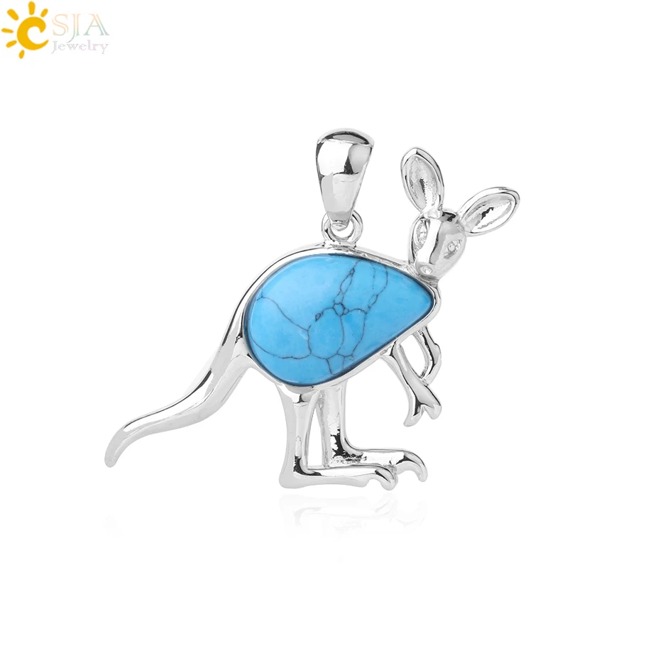 Blue Turquoise Csja новые милые животные кенгуру подвеска в виде капли воды натуральный камень ожерелье розовый кристалл кварца модные украшения для женщин девочек F923 - Окраска металла: Blue Turquoise