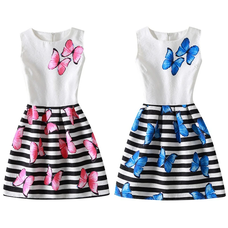 

Fashion Dresses Little Girl Kid'S Baby Blue New Style Butterfly Print Black And White Strip Party Casual For 6-12 Y