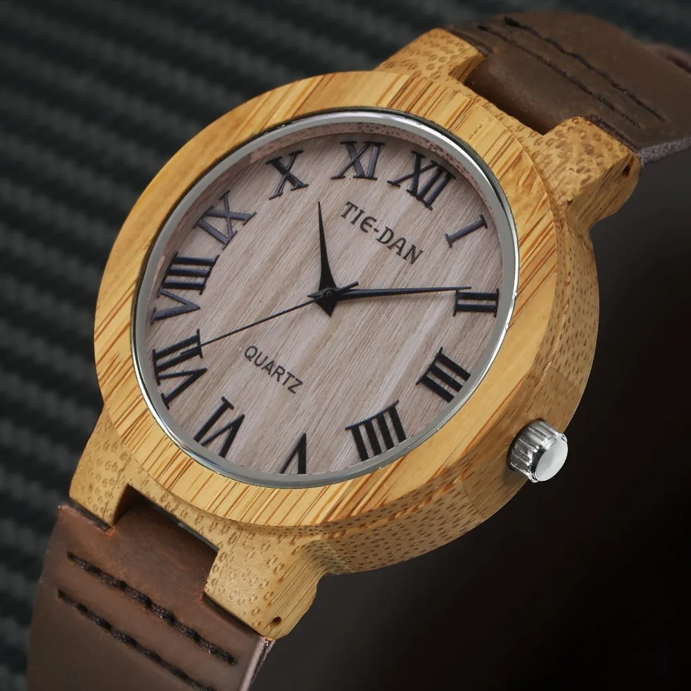 

Fashion Minimalist Quartz Watch Men Wooden Clock Nubuck Genuine Leather Strap Roman Number Display Casual Ultra-light Wristwatch
