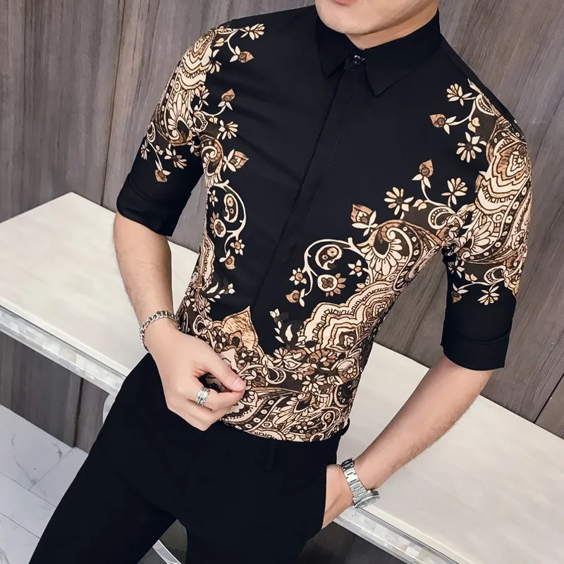 Бутик Для мужчин рубашки Мода 2019 Лето Половина рукавом Винтаж принтом Slim Fit