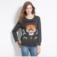 New 2017 High Women Ladies Cute Autumn Winter Luxury embroidery UFO Tiger Future Casual Sweaters Pullover High quality #E171