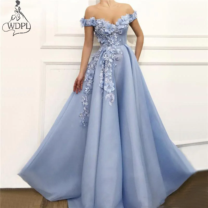 Light Sky Blue Off Shoulder Sexy Beach Evening Dresses Handmade Flowers Pearls Sleeveless Party Prom Gowns 2019 robe de soiree Abendkleid145