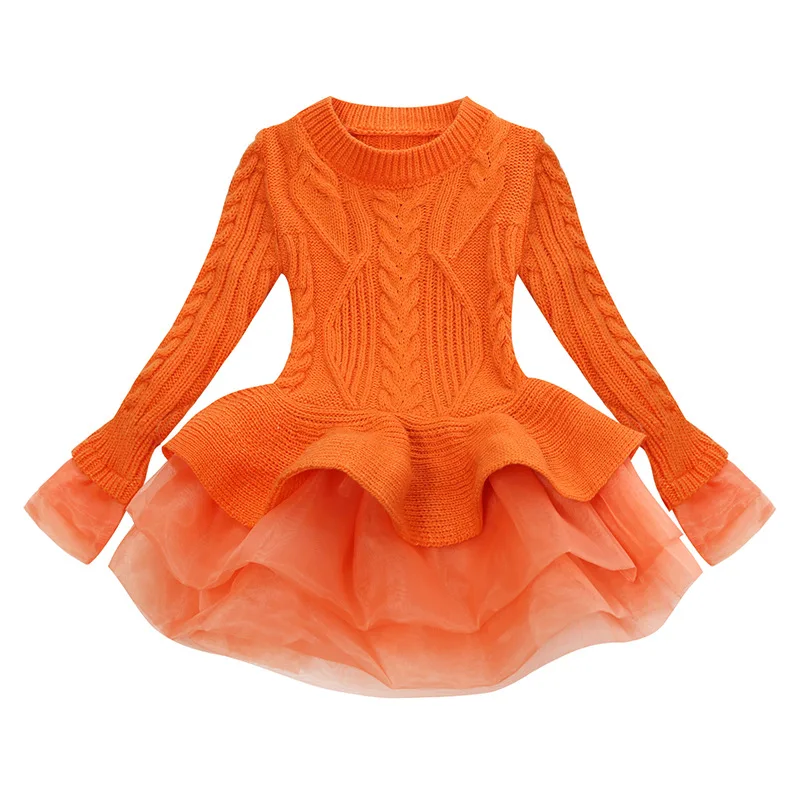 Свитер для девочек; сезон осень-зима; платье-свитер из органзы для девочек; пышное платье принцессы с длинными рукавами; платье для выступлений в школьном стиле - Цвет: Orange
