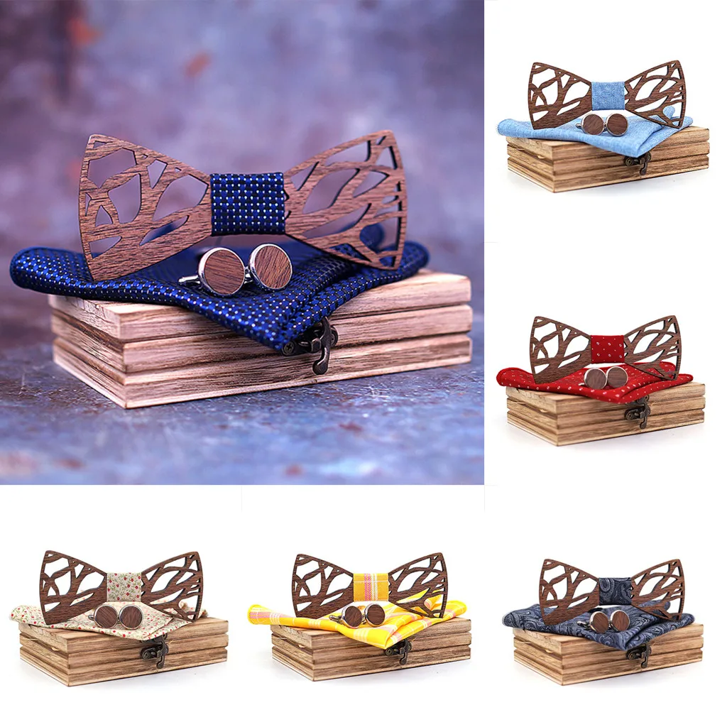 

feitong Manual Wooden Bow Tie Handkerchief Set Men's Bowtie Wood Hollow Carved And Box бабочка noeuds papillon homme