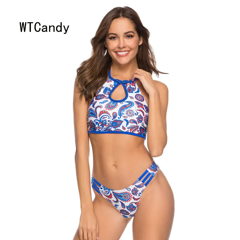 WTCandy Cheongsam элементы высокой шеи бикини для женщин с принтом синий купальник