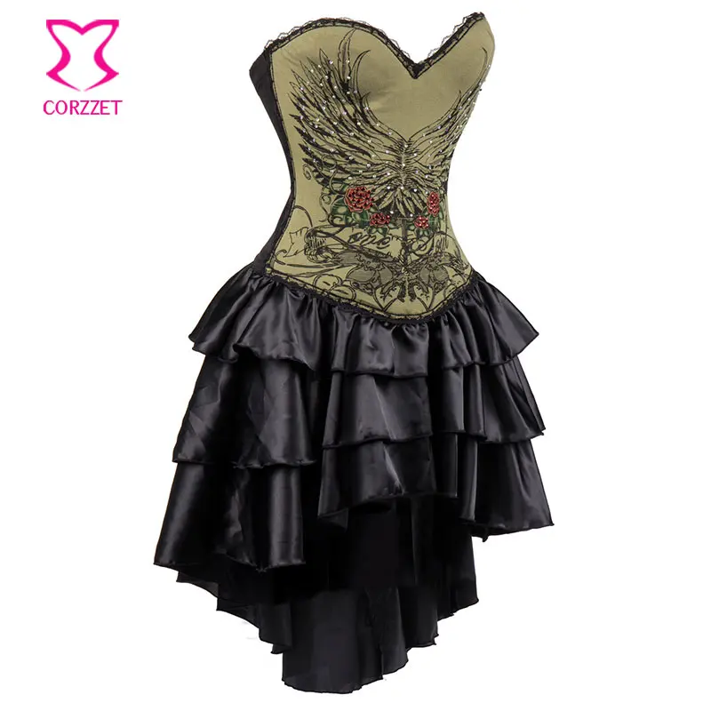  Army Green Vintage Floral Printed Cotton Sexy Bustier Corset Dress Steampunk Korsett For Women Cors