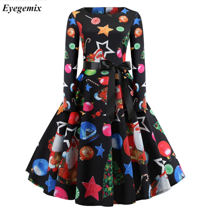 

Plus Size Christmas Snowman Vintage Ball Dress Round Neck Dot Print Party Vestidos 2XL Robe long Sleeve Pin Up Dresses With Belt