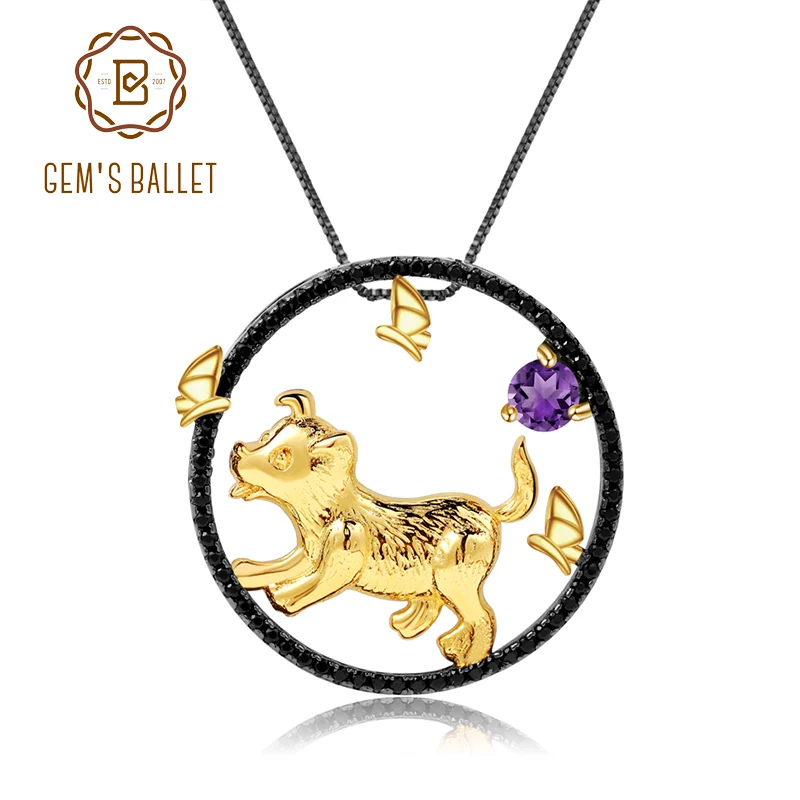 GEM'S BALLET Natural Amethyst Gemstone 925 Sterling Silver Handmade Pendant Necklace For Women Loyalty Dog Zodiac Jewelry | Украшения и