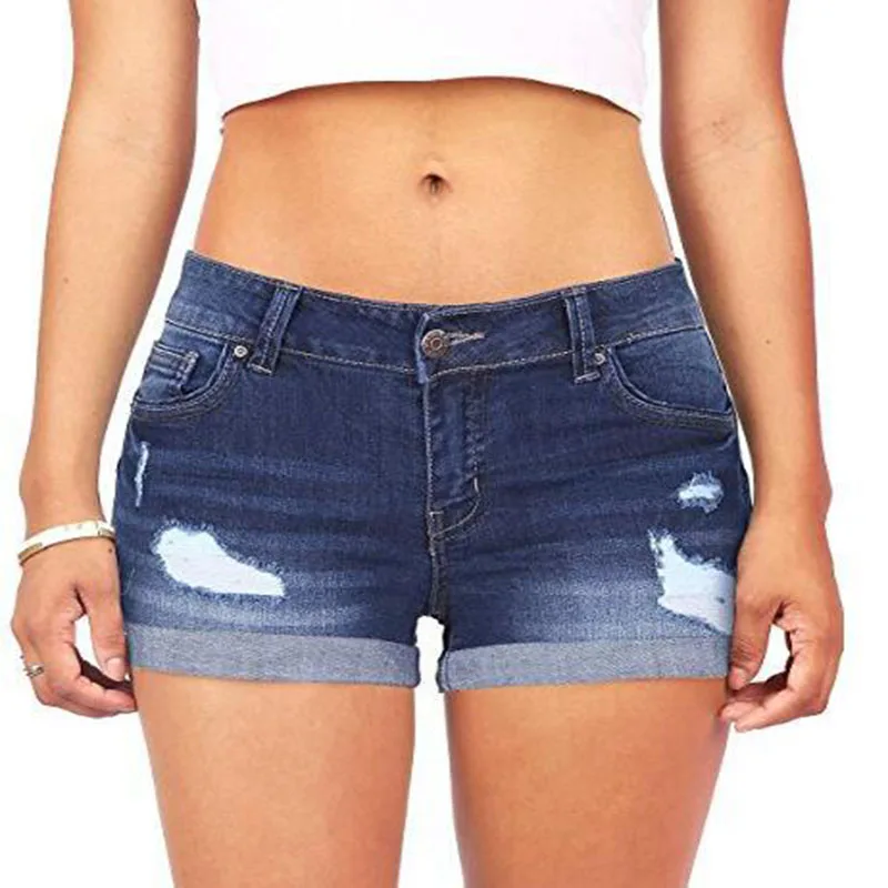 

Women Low Waisted Washed Ripped Hole Short Mini Jeans Denim Pants Shorts New Style Solid Color Package Hip Ripped