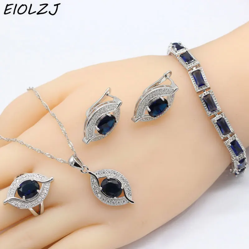 

925 Silver Ring Sets For Women Sterling Silver Bracelet Sets For Bride Eyes Blue Zircon Jewelry Sets Necklace Earrings Bracelet