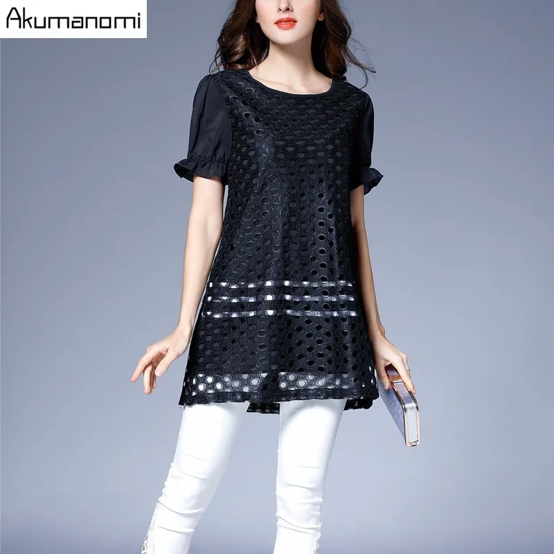 الصيف الدانتيل نقطة بلوزة النساء الملابس السوداء س الرقبة فانوس قصيرة الأكمام قميص قمم أزياء زائد حجم 5xl 4xl 3xl 2xl xl l