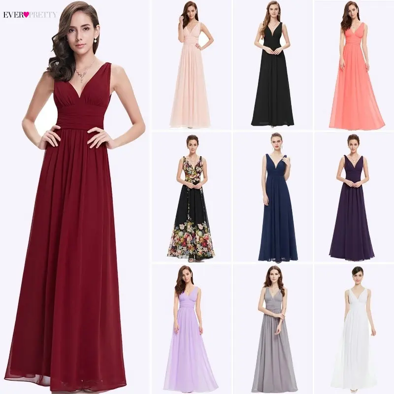 Womens V Neck Spaghetti Chiffon Bridesmaid Dress Long with Shoulder Ruffles Evening Wedding Gown