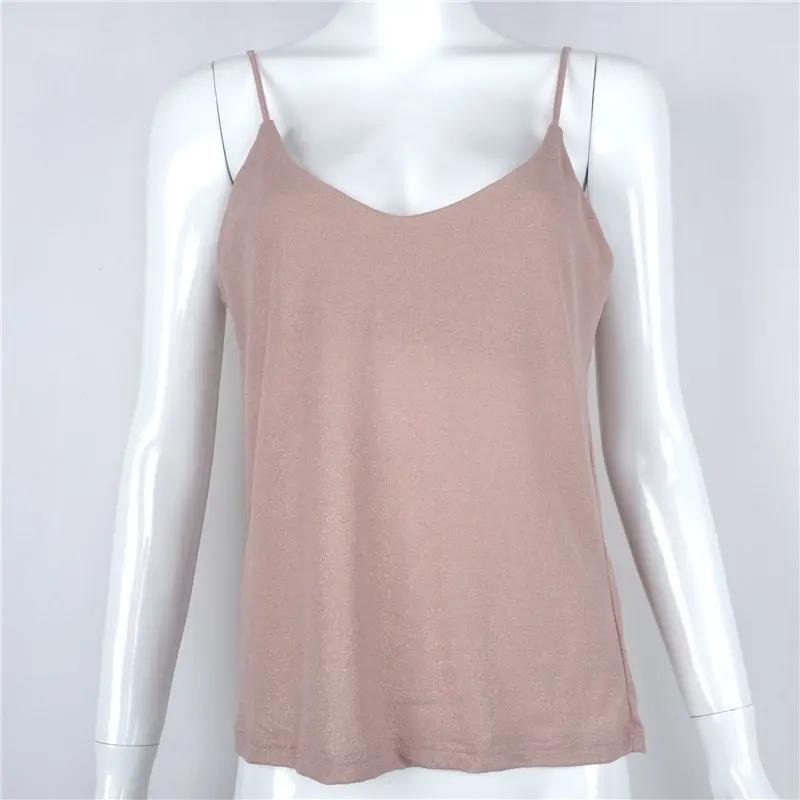 Sexy Knitted Tank Tops Women Gold Thread Top Vest Sequined V Neck Long Tank Tops Blusa Solid Silver Camis Beige Fitness T0646