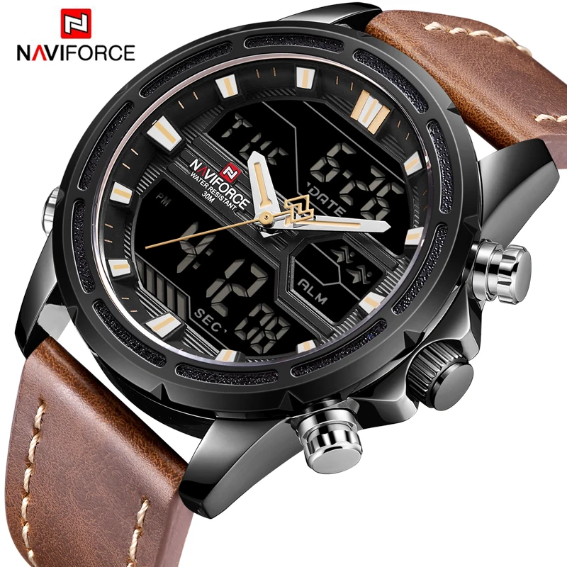 

2018 NAVIFORCE Leather Sport Quartz Wrist Watch Dual Display LED Analog Clock Waterproof Date Week Male Watch Military Watches