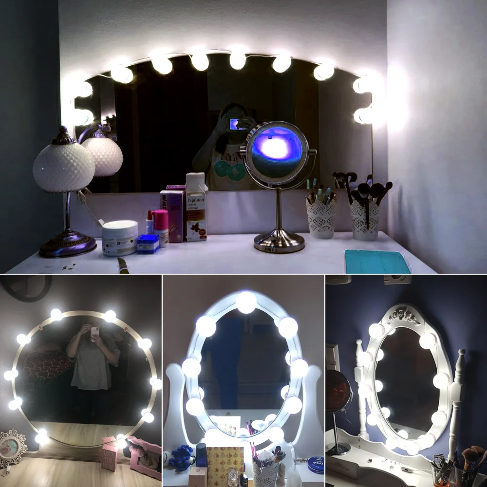 USB порт, зеркальный светильник для макияжа, голливудский туалетный светильник, светодиодный светильник для макияжа с регулируемой яркостью, настенный светильник, 6, 10, 14 ламп, комплект для туалетного столика