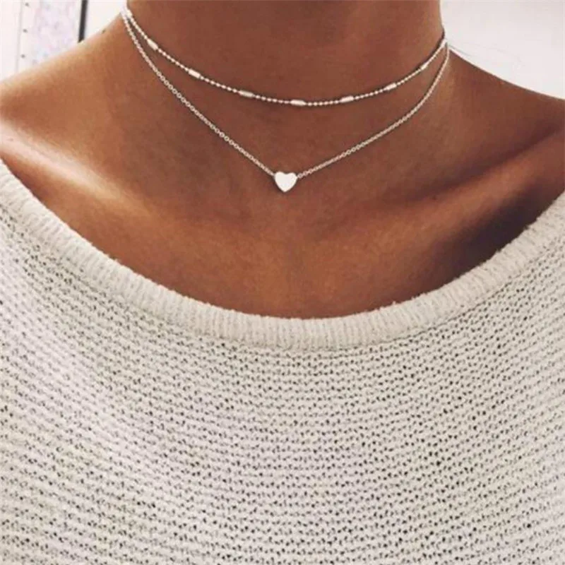 

European and American Cross-border Jewelry Simple Tide Female Street Shoot Item Copper Heart Multi-layer Clavicle Neck Necklace