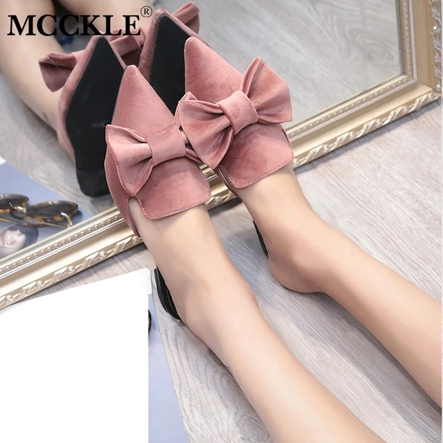 MCCKLE Women Bowtie Slip On Slippers Female Flat Flock Pointed Toe Low Heel Summer Shoes Sweet Mules Ladies Footwear Comfortable
