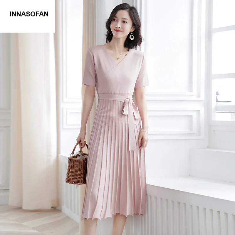 

INNASOFAN women's pleated dress Spring-summer knitted dress Euro-American fashion elegant dress with short sleeves and V-collar
