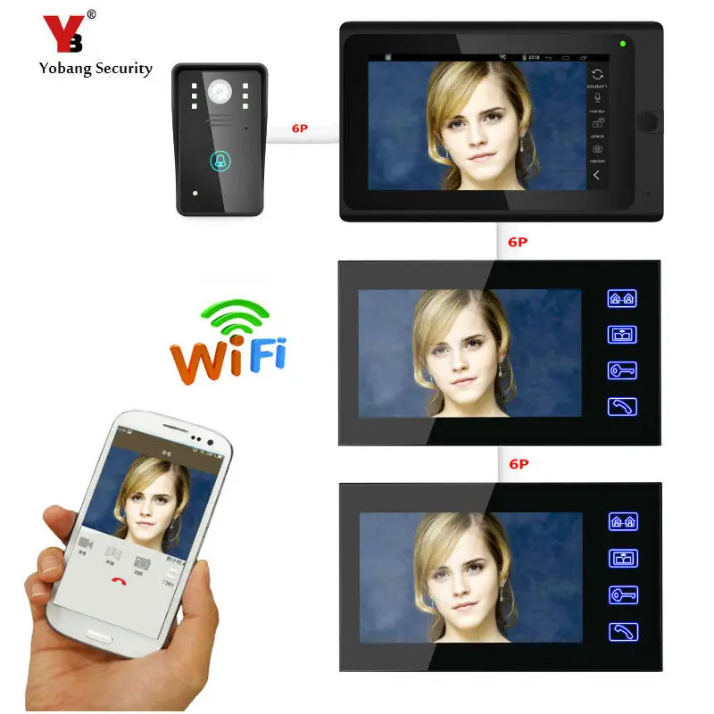 Yobang Security 7inch 3 monitors Wired / Wireless Wifi IP Video Door Phone Doorbell Intercom Entry System with 1000TVL Wired Cam