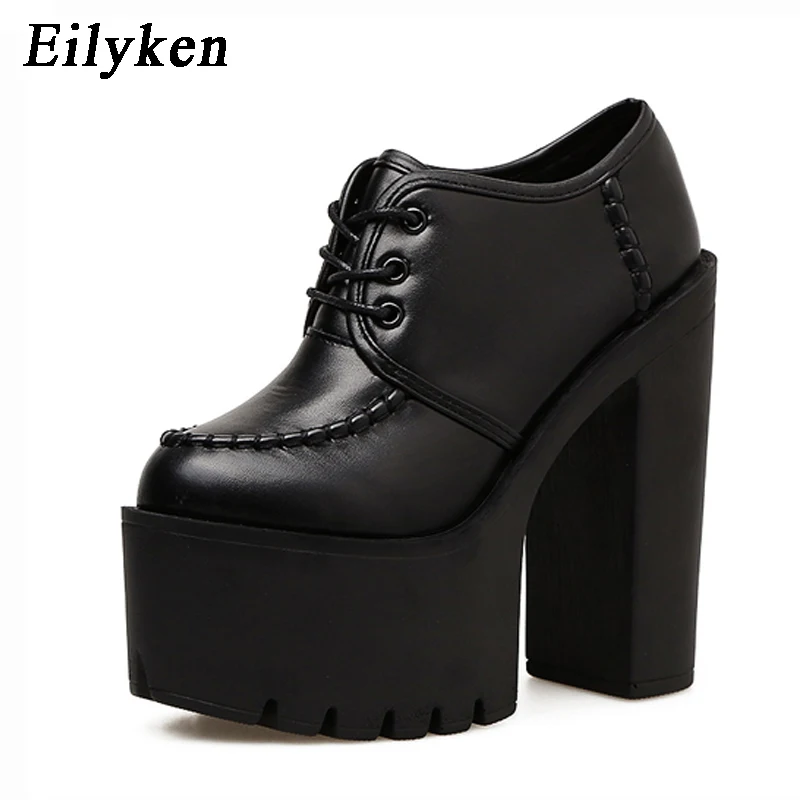 

Eilyken Fashion Women Shoes Square heel Sewing Round Toe Platform Shoes For Party Outerwear Lacing Ladies Pumps 2018 New Autumn