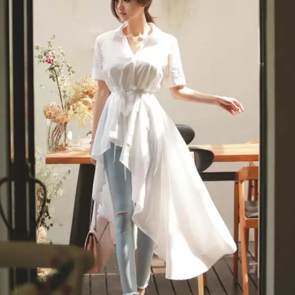 

spring summer Fashion White Irregular Shirt Women short sleeve Swallowtail Blouse Tops Slim Blouse