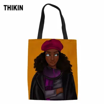 

THIKIN Shopping Bag Foldable Black Art African Girls Printing Eco Bags for Girls Women Large Shopper Bag Ladies Canvas Tote Bags