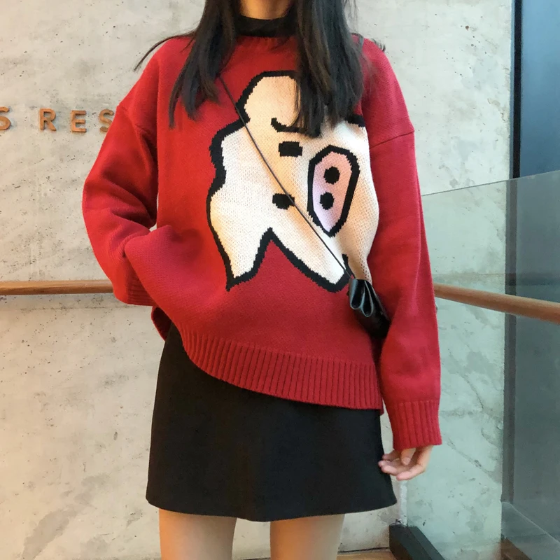 

2019 autumn and winter cartoon pig red long-sleeve pullover knitted sweaters womens (C9217)