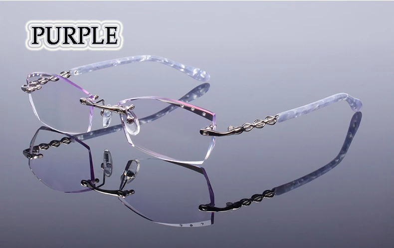 Женские оправы для очков, Модные оптические очки, фирменный дизайн, без оправы, металлические стразы с бриллиантами, элегантная отделка - Цвет оправы: purple